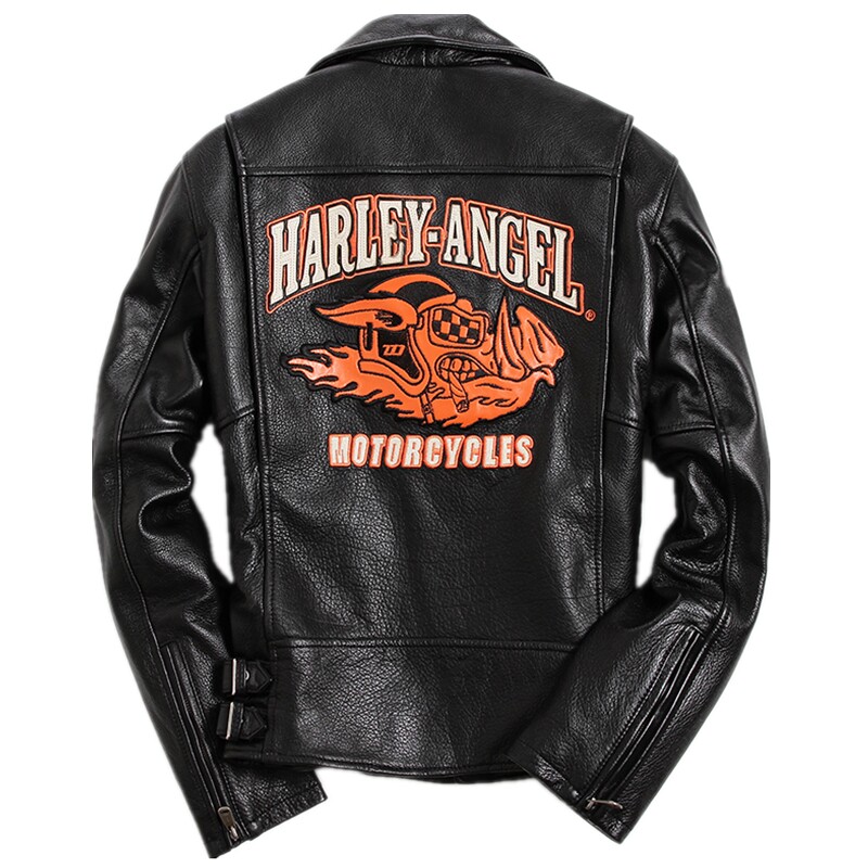 HARLEY ANGEL男款真皮皮衣头层加厚牛皮刺绣幸运猪短款斜拉机车服