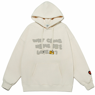 GUUKA&Agaho联名奶黄色连帽卫衣男秋冬新款 加绒加厚猫咪帽衫宽松