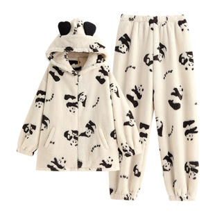 家乐芬睡衣女秋冬款冬季法兰绒加厚加绒珊瑚绒家居服冬天保暖熊猫