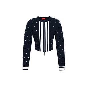 lefame拉飞姆蓝白撞色菱格学院都会休闲针织开衫