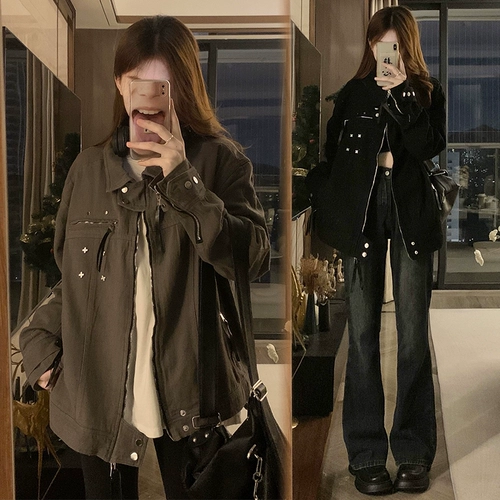 Ретро металлическая джинсовая осенняя куртка подходит для мужчин и женщин, в американском стиле, оверсайз