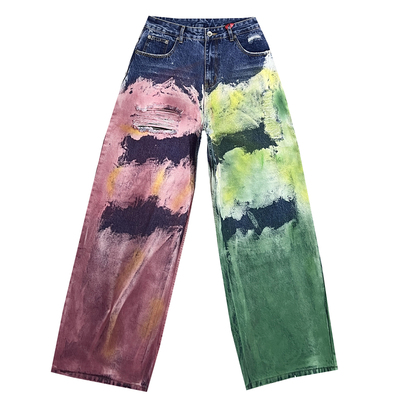 欧美街头个性泼墨彩色涂鸦牛仔裤男款做旧直筒宽松休闲阔腿长裤潮
