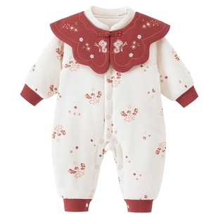 【暖护棉】女宝宝夹棉连体哈衣加厚保暖婴儿红色中式过年爬服冬季