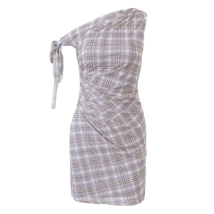 PynkiSwear 橙色格纹/紫色格纹斜肩修身褶皱收腰连衣裙两件套女