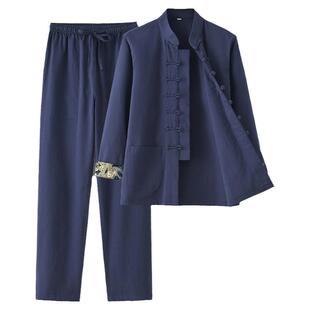春秋唐装男款中国风中式服装男式复古弹力套装盘扣两件套居士服