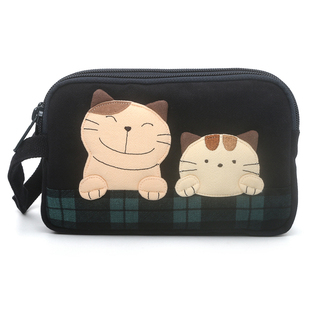 Kine猫新款可爱情侣猫棉布三层拉链手机包卡通手腕手拎小众包包女