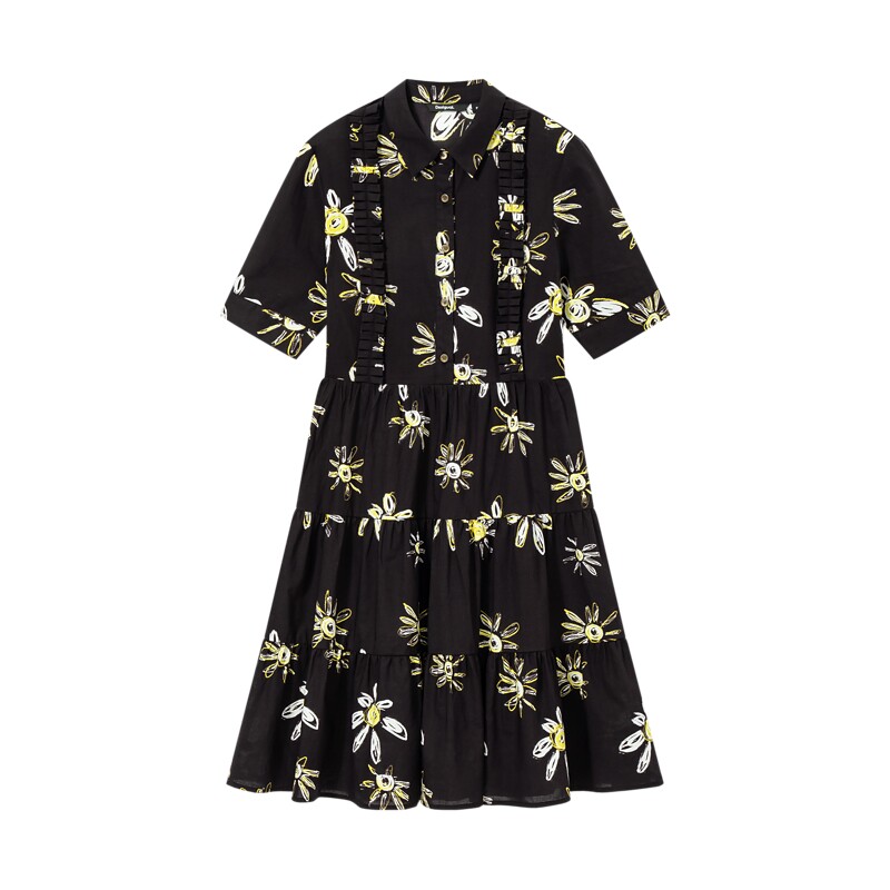 Desigual A型涂鸦花朵印花叠褶翻领短袖蛋糕连衣裙