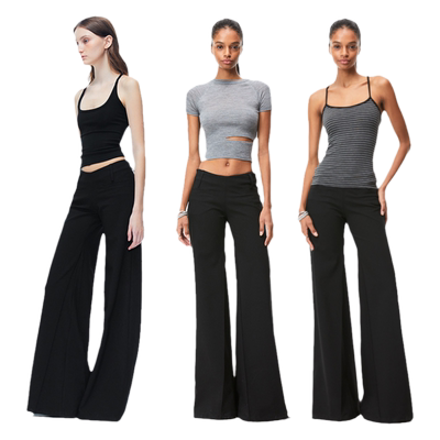 KVKV 黑色低腰修身V型西裤 美式辣妹复古休闲显瘦阔腿微喇长裤女