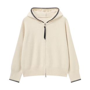 Basic House/百家好米色连帽针织开衫宽松慵懒毛衣外套女2025冬季