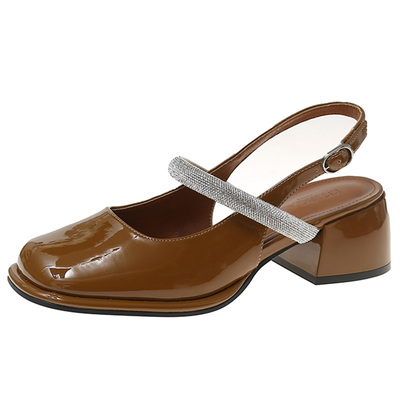 法式包头单鞋女夏高跟鞋中跟水钻