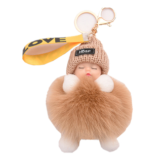 真狐狸毛球睡眠娃娃可爱毛绒公仔书包包挂饰创意汽车钥匙扣挂件女