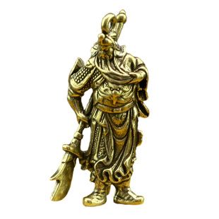 复古纯黄铜带刀关公武财神钥匙扣小挂件吊坠男女汽车创意生日礼品