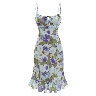 Go Girl Go 自制欧美风印花吊带裙修身连衣裙荷叶边包臀裙子女夏