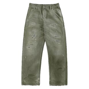 WIROTE威络重磅帆布染色猫须水洗磨破油污做旧补丁工装伐木长裤