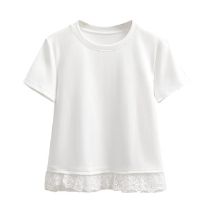 她池圆领T恤2026夏装新款女装蕾丝花边拼接修身正肩短袖套头上衣