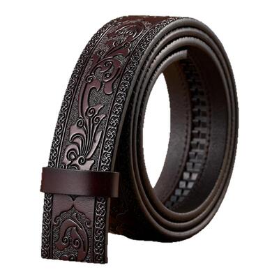 3.5CM宽无头皮带条男复古压花雕刻花纹带皮唐草纹自动扣腰带条