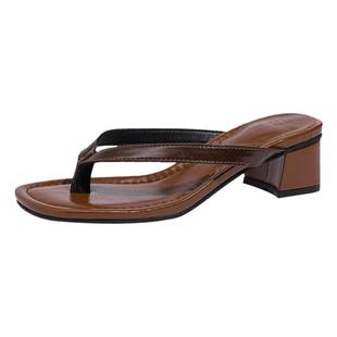 羊皮版~韩国细带夹脚趾凉鞋女夏沙滩人字拖鞋外穿凉拖粗跟高跟鞋