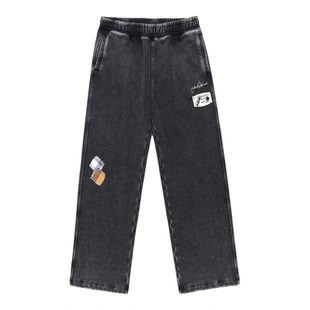 GUUKA潮牌美式复古黑色加绒卫裤男秋冬季 乞丐做旧补丁直筒裤宽松