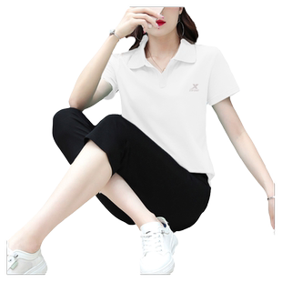 特步运动套装女夏季官方女士polo短袖透气休闲七分裤跑步服女