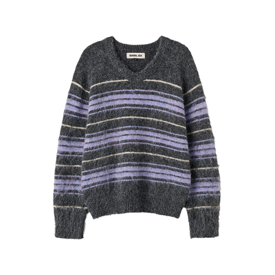 【明星同款】GENERAL IDEA拉绒长毛撞色条纹V领宽松针织毛衣女