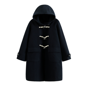 狐兔JK春秋季小个子学院风连帽中长款牛角扣毛呢大衣JK制服外套女