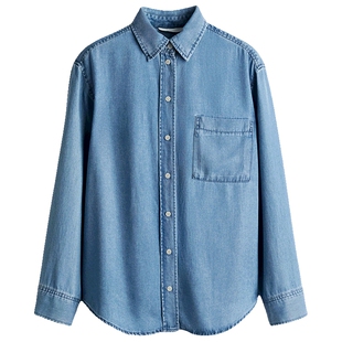 HM女装衬衫春季宽松翻领长款莱赛尔复古牛仔衬衫长袖上衣1267013