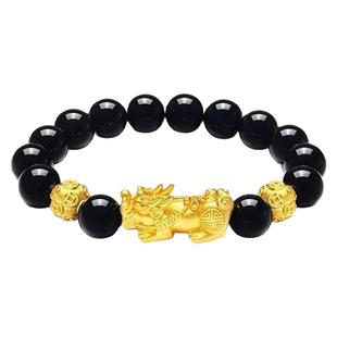 新款24K黄金貔貅手链男女款仿金包银转运珠红玛瑙黑曜石皮丘手串