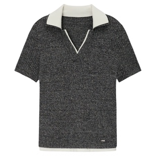 FF仿佛针织衫女2026春季新款v领翻领亮丝短袖罗纹polo衫T恤上衣