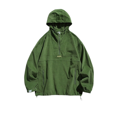 日系复古灯芯绒半拉链连帽卫衣男