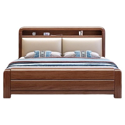 金丝胡桃木实木床现代简约软包床