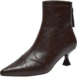 百思图2025冬季商场新款气质细跟尖头法式及踝靴加绒女靴W2073DD5