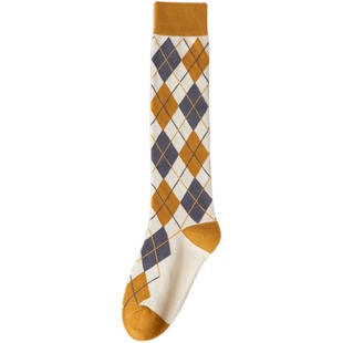 春秋小腿袜子女jk学院风及膝袜格子菱格白色潮日系复古黑色长筒袜