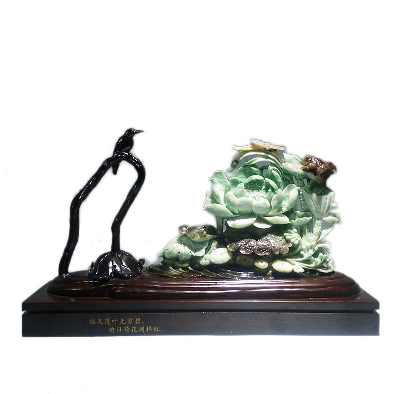 独山玉雕花鸟摆件荷花工艺品