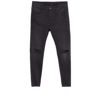 HOSD新品高质量Skinny Fit黑色破洞紧身弹力牛仔裤毛边百搭小脚裤