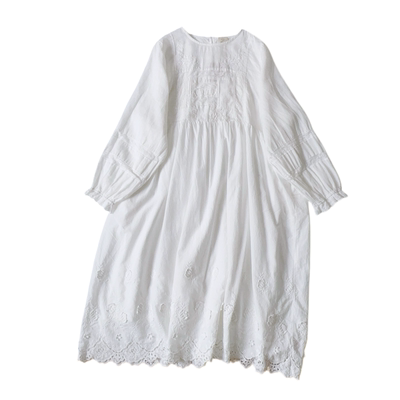 连衣裙 熊姑娘日系刺绣白色仙女裙宽松小众棉麻长袖裙子女0659839