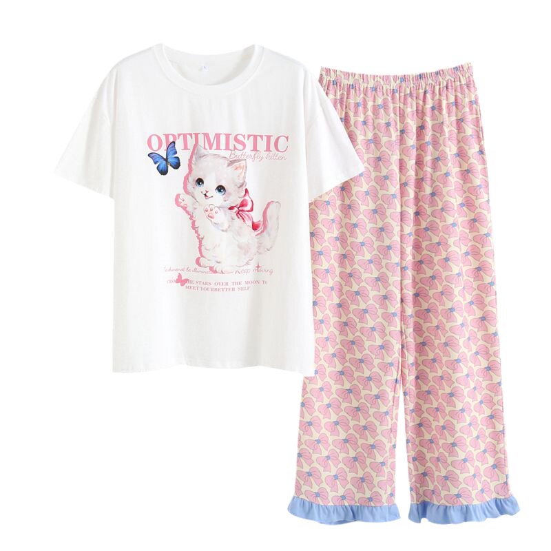 HEARMES 小猫咪睡衣女生夏季纯棉短袖花边长裤家居服套装甜美可爱