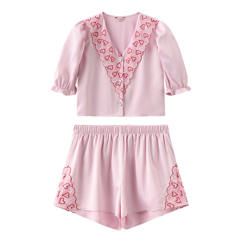 NoirTease薄款丝质睡衣女夏露脐刺绣短袖短裤家居服两件套可外穿