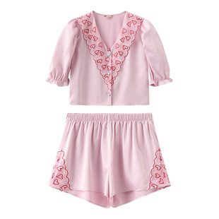 NoirTease薄款丝质睡衣女夏露脐刺绣短袖短裤家居服两件套可外穿