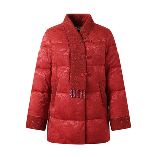 新中式妈妈装90白鸭绒羽绒服女中长款喜婆婆婚宴装红色中老年外套
