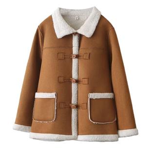 宛宛大码皮毛一体麂皮羊羔毛外套女秋冬新款胖MM高级感羊羔绒上衣