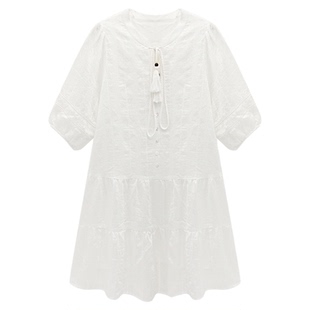 Basic House/百家好莱赛尔法式镂空白色宽松连衣裙女夏季薄款长裙