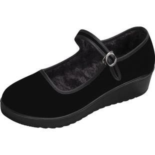 老北京布鞋女冬季加绒酒店保暖鞋黑色防滑工作鞋软底秋冬加厚棉鞋