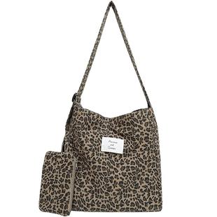 EHOOO原创春季新款豹纹帆布包韩国大容量单肩水桶包宽肩带斜挎包