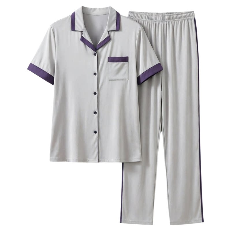 绮瑞情侣春夏莫代尔家居服男夏季短袖长裤简约睡衣女夏款开衫套装