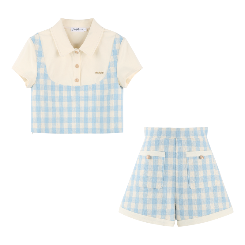 学院风蓝色格子短裤两件套女夏季2025新款高级感时髦洋气休闲套装