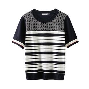 ELLE Active条纹针织衫短袖春夏季新款显瘦圆领t恤上衣女休闲百搭