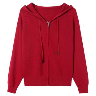 恒源祥连帽拉链羊毛针织开衫女2026春秋新款宽松宽松外搭帽子外套