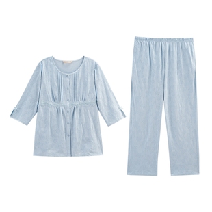 秋鹿【牡丹花】针织提花棉睡衣女春秋蝴蝶结七分袖蓝色家居服套装