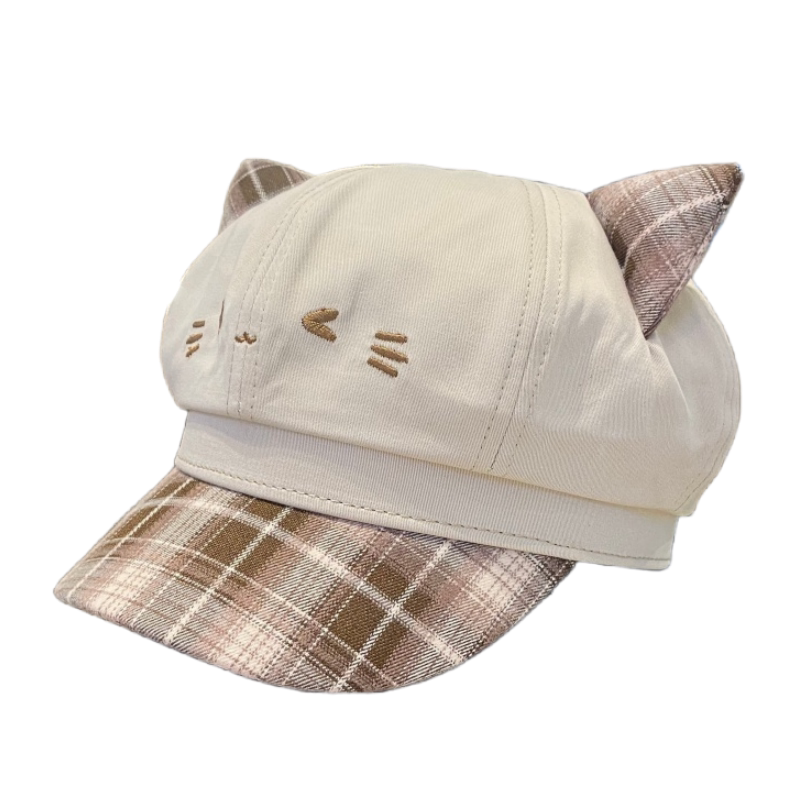 卡通猫耳朵格纹八角帽女春秋季帽