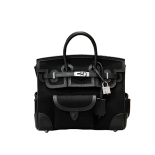 黑色复古帆布拼皮铂金口袋包女25cargo工装风大容量单肩手提包